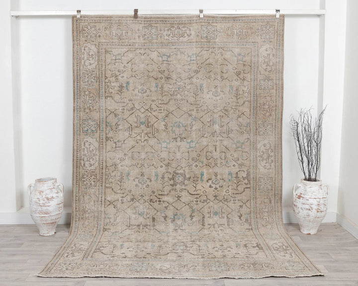 Beige Turkish Oushak Rug 6' 11" x 10' 1" Hand-Knotted | No. VR72551