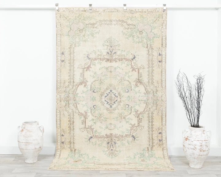 Beige Turkish Oushak Rug 4' 10" x 8' 1" Hand-Knotted | No. VR76747
