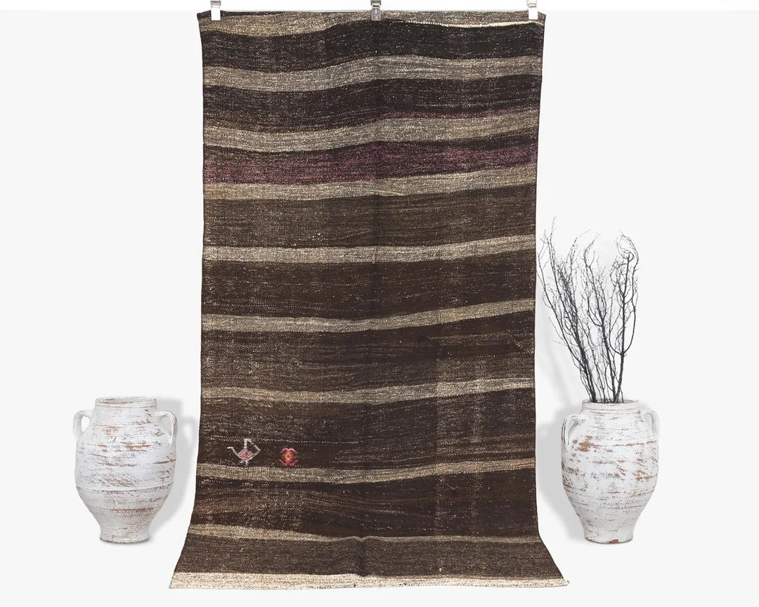 Brown Turkish Kilim Rug 4' 1" x 8' 1" Flat-Weave | No. VR76864