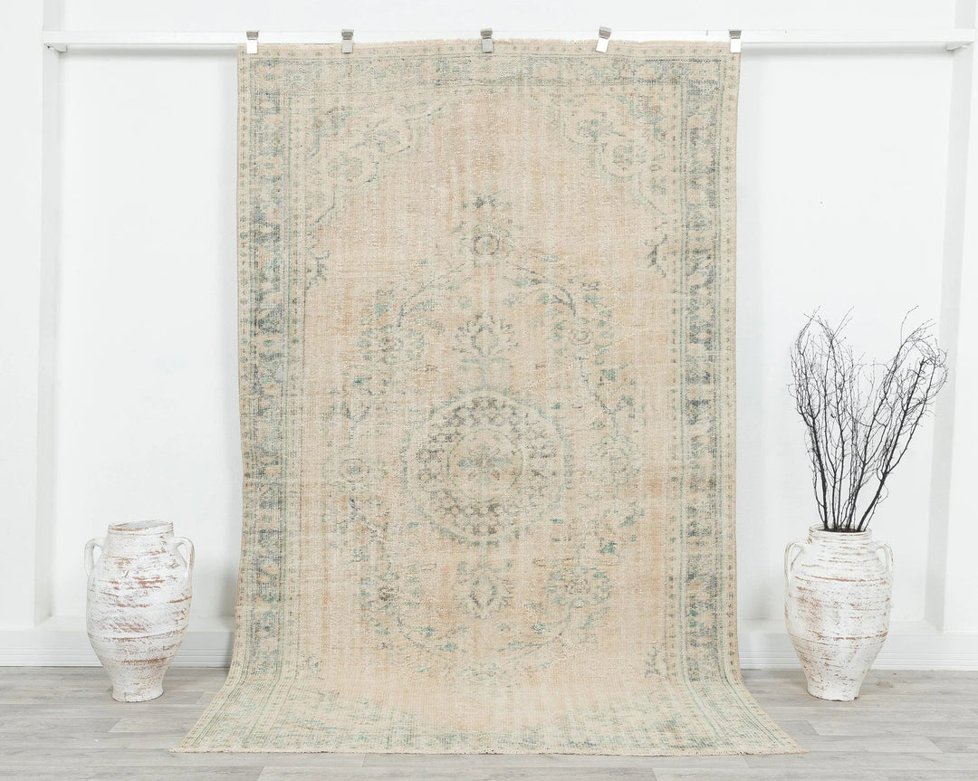 Beige Turkish Oushak Rug 5'6" x 9' Hand-Knotted | No. VR77165