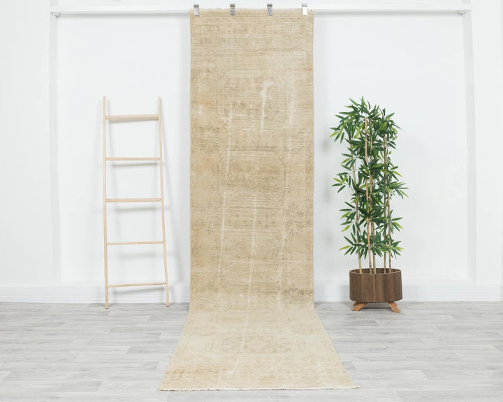 Beige Turkish Oushak Rug 3' x 11' 4" Hand-Knotted | No. VR80376