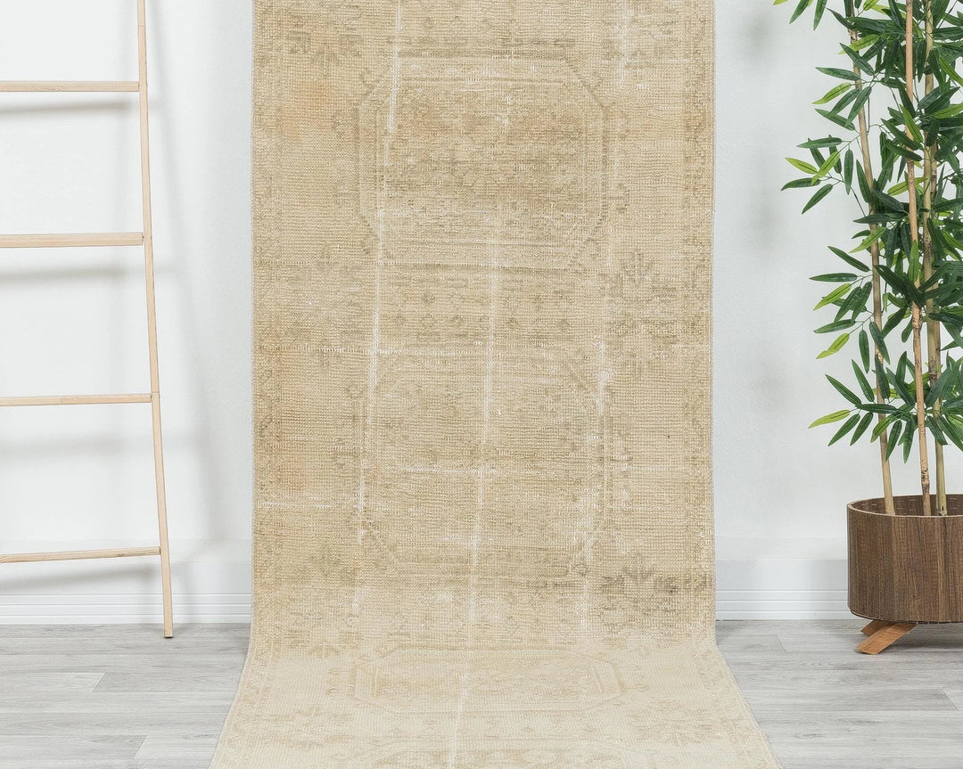 Beige Turkish Oushak Rug 3' x 11' 4" Hand-Knotted | No. VR80376