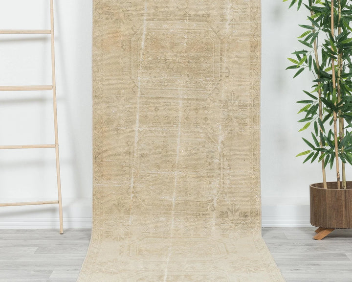 Beige Turkish Oushak Rug 3' x 11' 4" Hand-Knotted | No. VR80376
