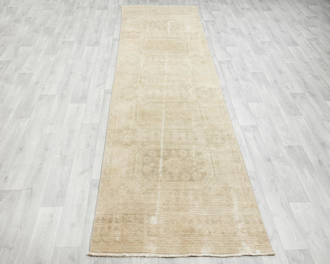Beige Turkish Oushak Rug 3' x 11' 4" Hand-Knotted | No. VR80376