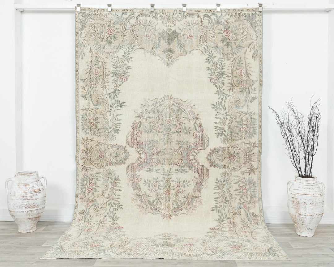 Beige Turkish Oushak Rug 5'11" x 9'2" Hand-Knotted | No. VR81606