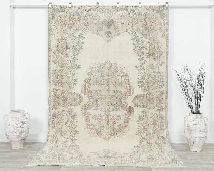 Beige Turkish Oushak Rug 5'11" x 9'2" Hand-Knotted | No. VR81606