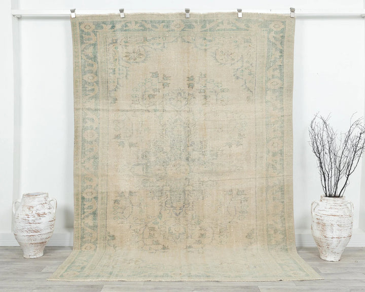 Beige Turkish Oushak Rug 6' 2" x 9' Hand-Knotted | No. VR81752