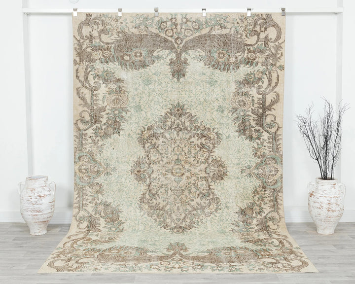 Beige Turkish Oushak Rug 7' x 10' Hand-Knotted