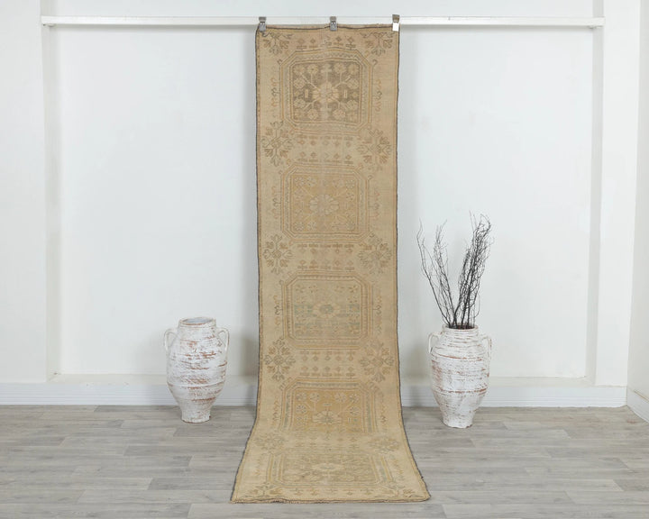 Beige Turkish Oushak Rug 2'7" x 9'10" Hand-Knotted