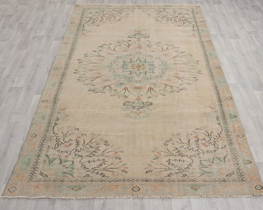 Beige Turkish Oushak Rug 6' 3" x 9' 8" Hand-Knotted | No. VR85066