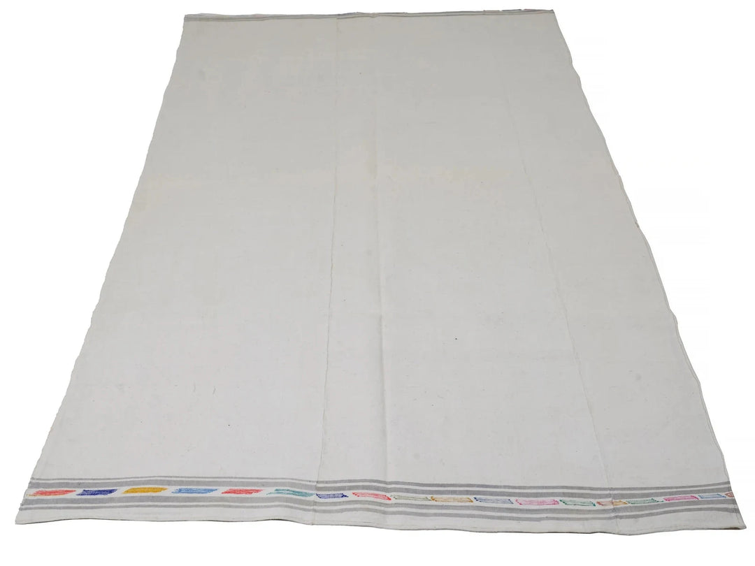 White Turkish Kilim Rug 4' 8" x 9' 8" Flat-Weave | No. VR86754