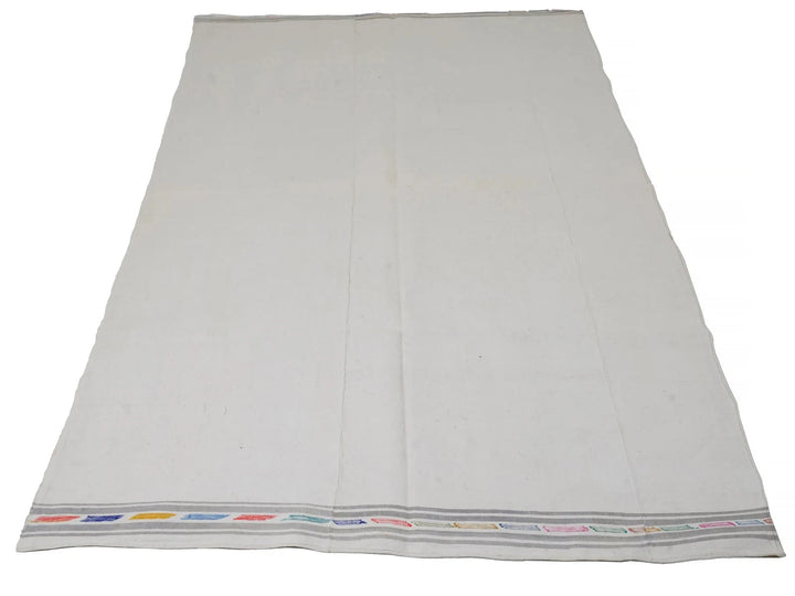 White Turkish Kilim Rug 4' 8" x 9' 8" Flat-Weave | No. VR86754