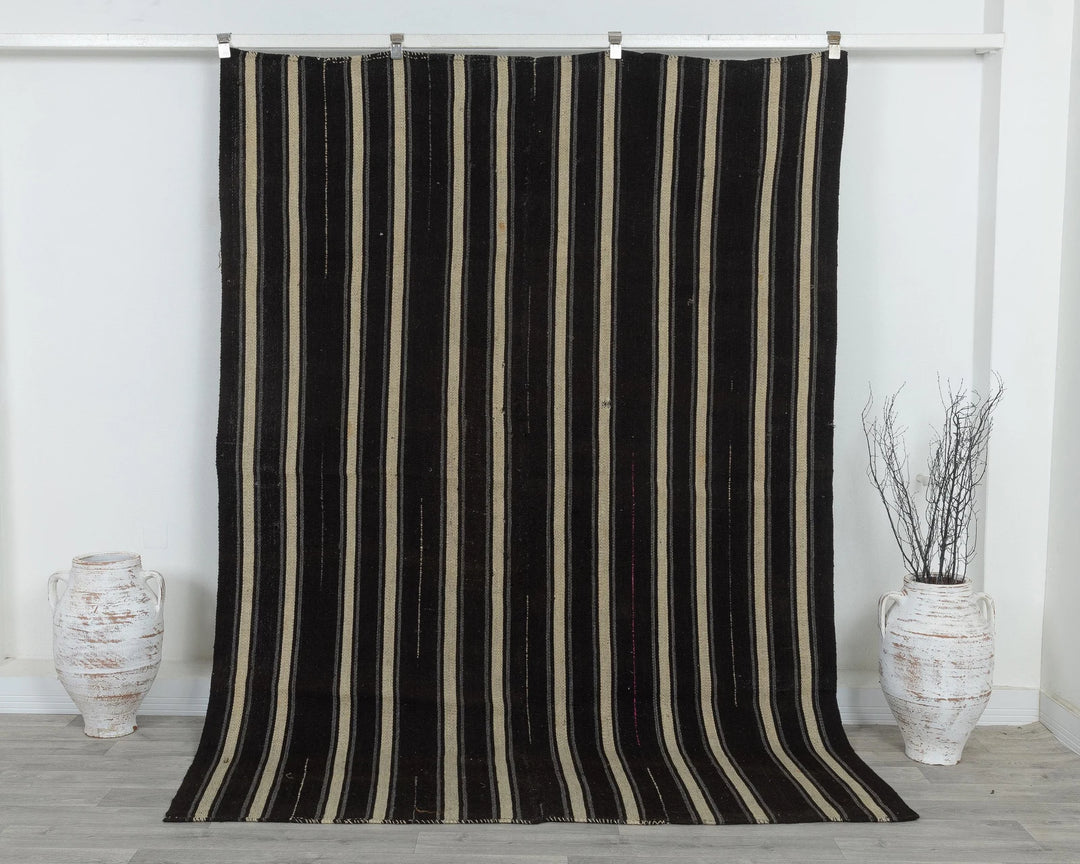 Black Turkish Kilim Rug 6' x 8' Flat-Weave