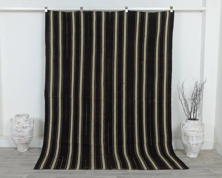 Black Turkish Kilim Rug 6' x 8' Flat-Weave