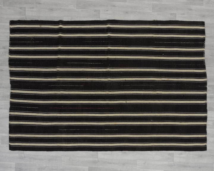 Black Turkish Kilim Rug 6' x 8' Flat-Weave view 9