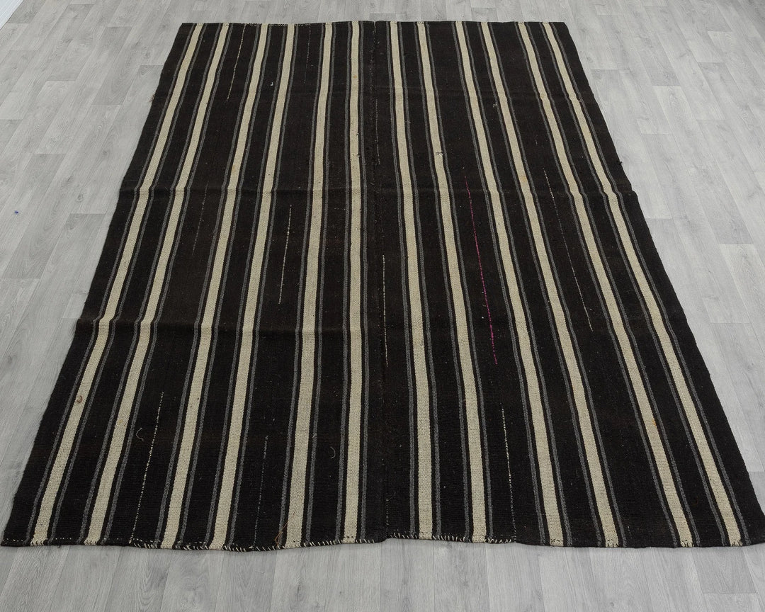 Black Turkish Kilim Rug 6' x 8' Flat-Weave reverse