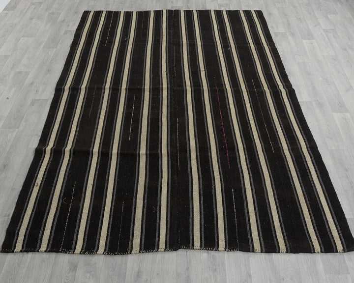 Black Turkish Kilim Rug 6' x 8' Flat-Weave reverse