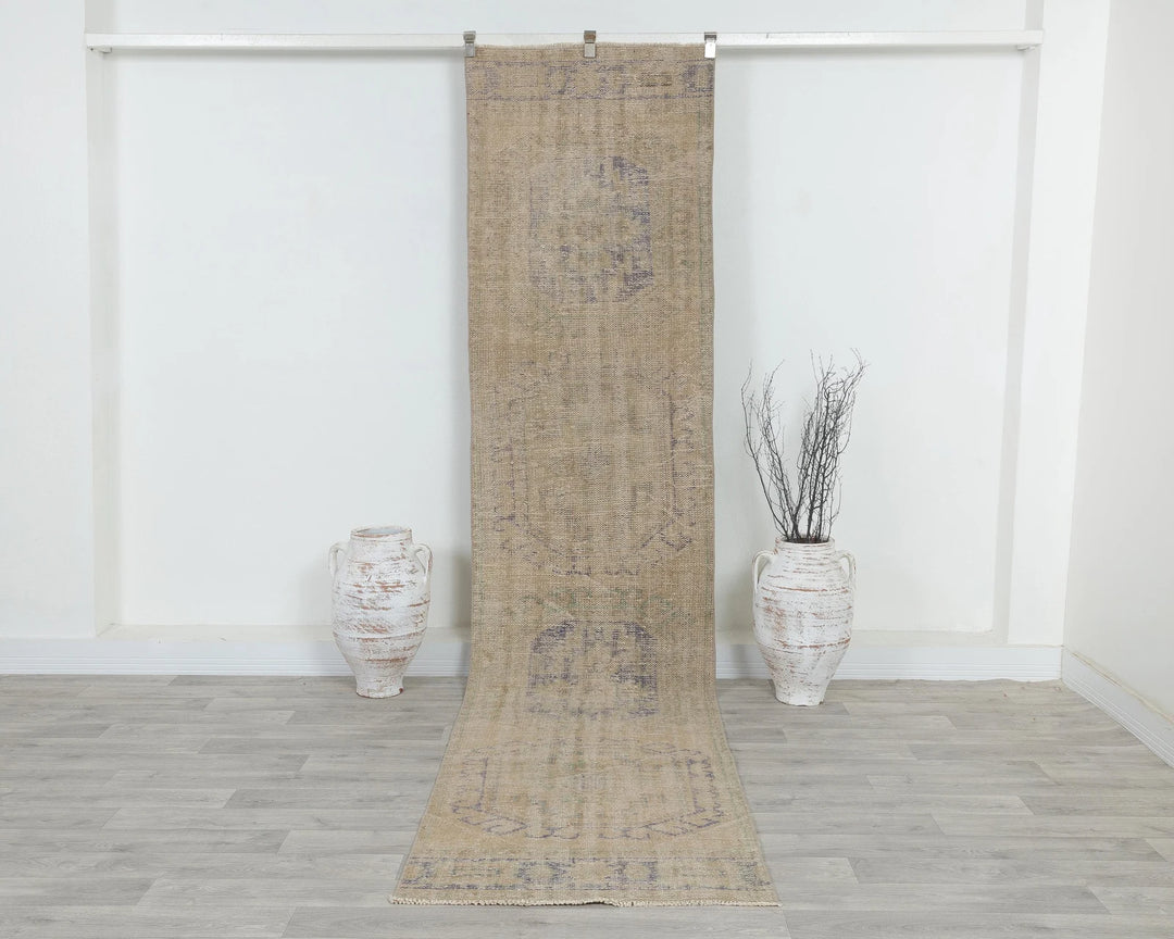 Beige Turkish Oushak Rug 2'7" x 11'4" Hand-Knotted