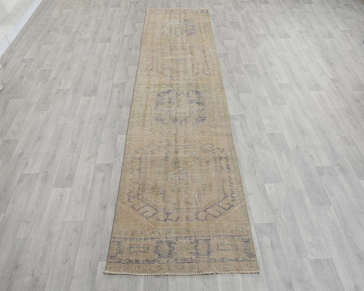 Beige Turkish Oushak Rug 2'7" x 11'4" Hand-Knotted reverse