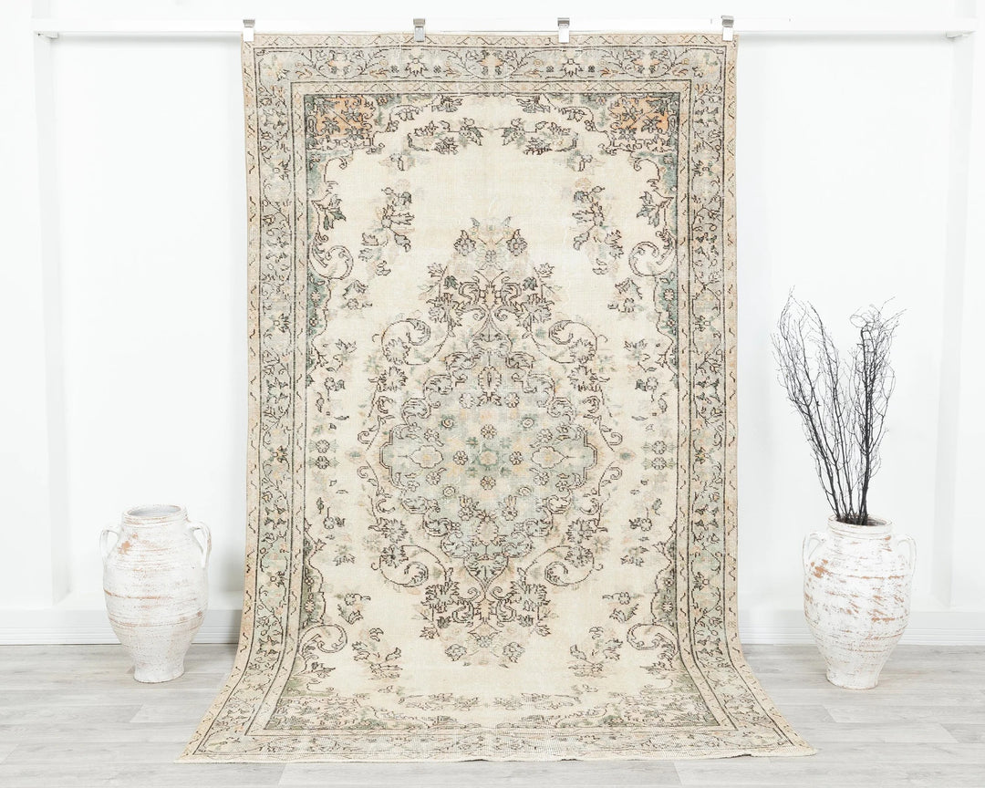 Beige Turkish Oushak Rug 5' 4" x 9' 1" Hand-Knotted