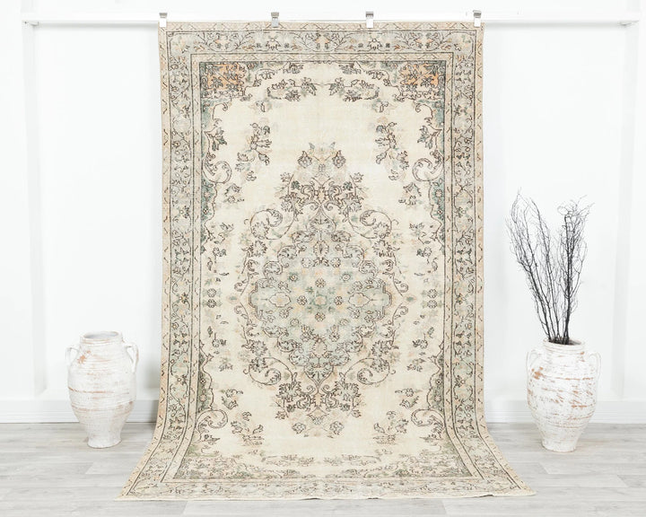 Beige Turkish Oushak Rug 5' 4" x 9' 1" Hand-Knotted