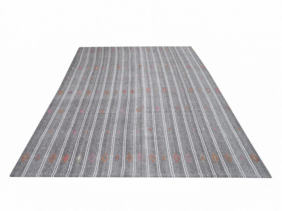 Gray Turkish Kilim Rug 6' 7" x 9' 8" Flat-Weave | No. VR90180