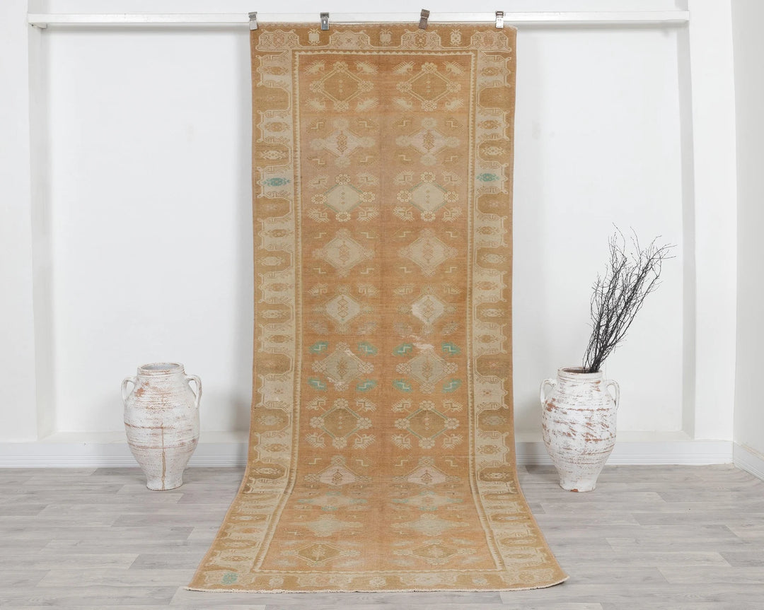 Beige Turkish Oushak Rug 4' 1" x 10' 4" Hand-Knotted | No. VR91982