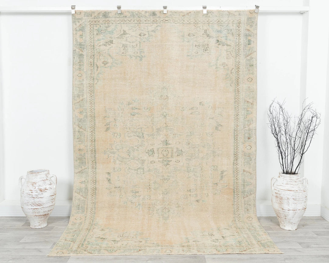 Beige Turkish Oushak Rug 5' 11" x 9' 5" Hand-Knotted | No. VR92591