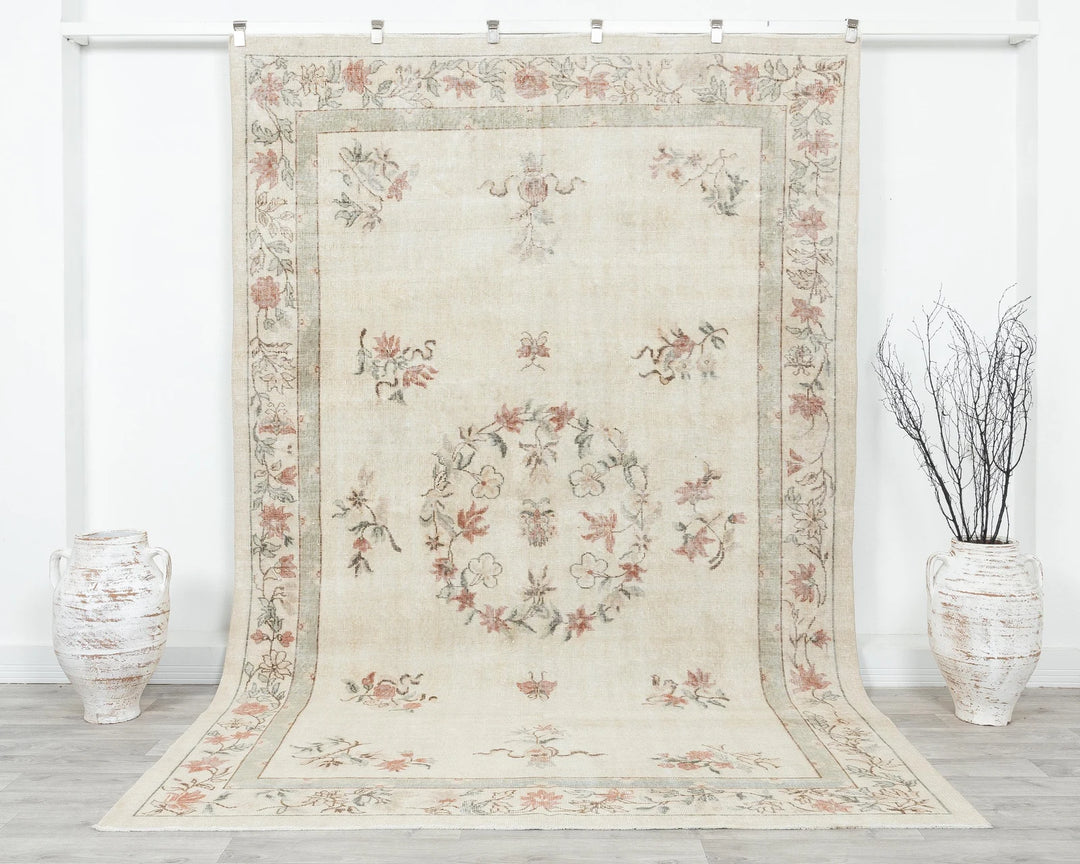 Beige Turkish Oushak Rug 6' 6" x 9' 11" Hand-Knotted