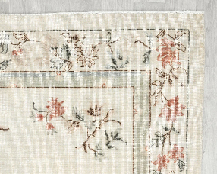 Beige Turkish Oushak Rug 6' 6" x 9' 11" Hand-Knotted pattern