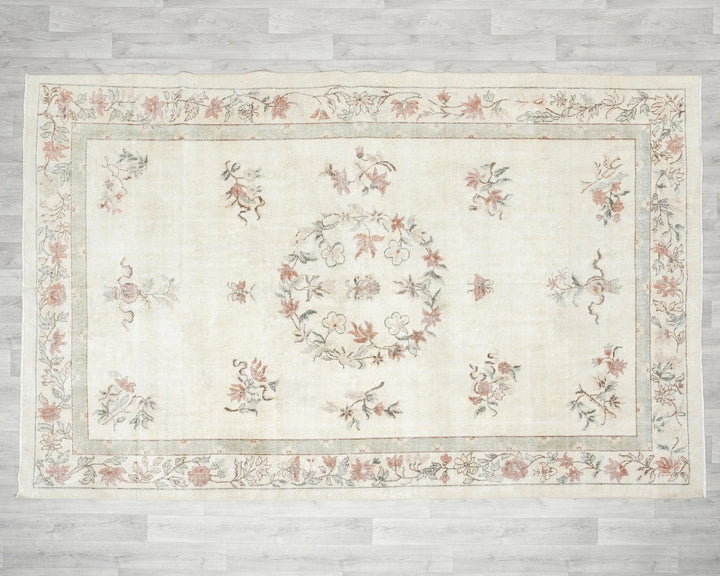 Beige Turkish Oushak Rug 6' 6" x 9' 11" Hand-Knotted reverse