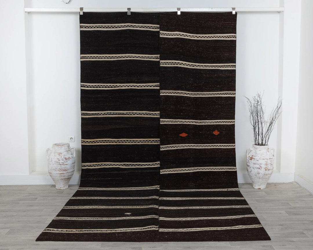 Brown Turkish Kilim Rug 6' x 12' Flat-Weave