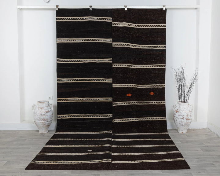 Brown Turkish Kilim Rug 6' x 12' Flat-Weave