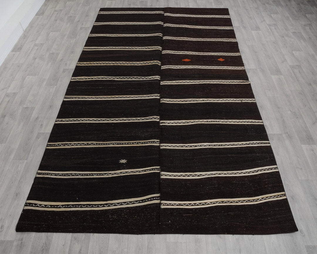 Brown Turkish Kilim Rug 6' x 12' Flat-Weave reverse