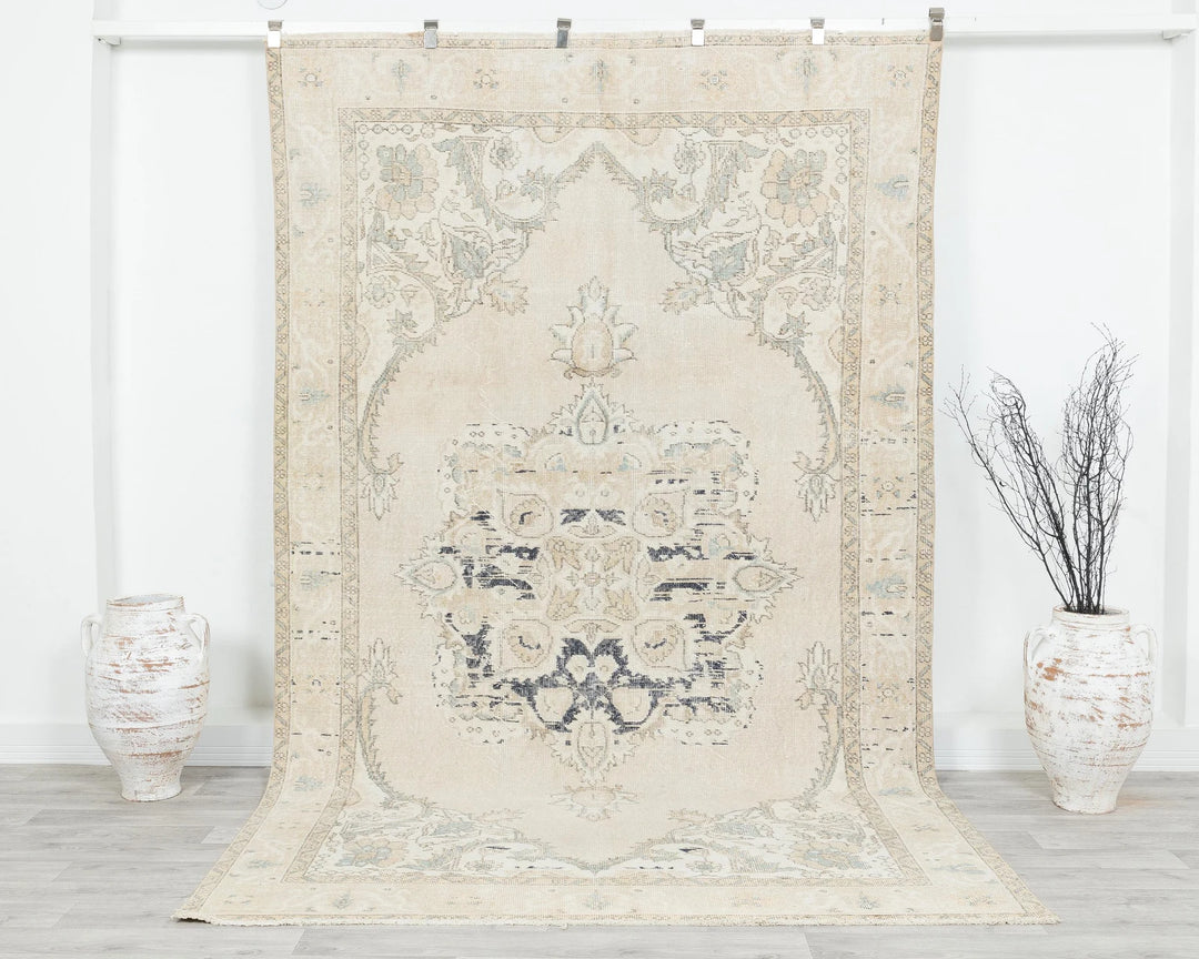 Beige Turkish Oushak Rug 6'1" x 9'10" Hand-Knotted