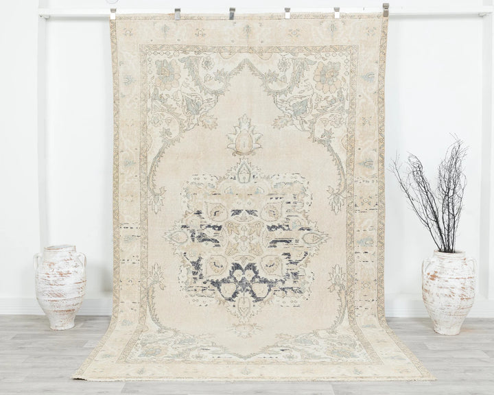 Beige Turkish Oushak Rug 6'1" x 9'10" Hand-Knotted