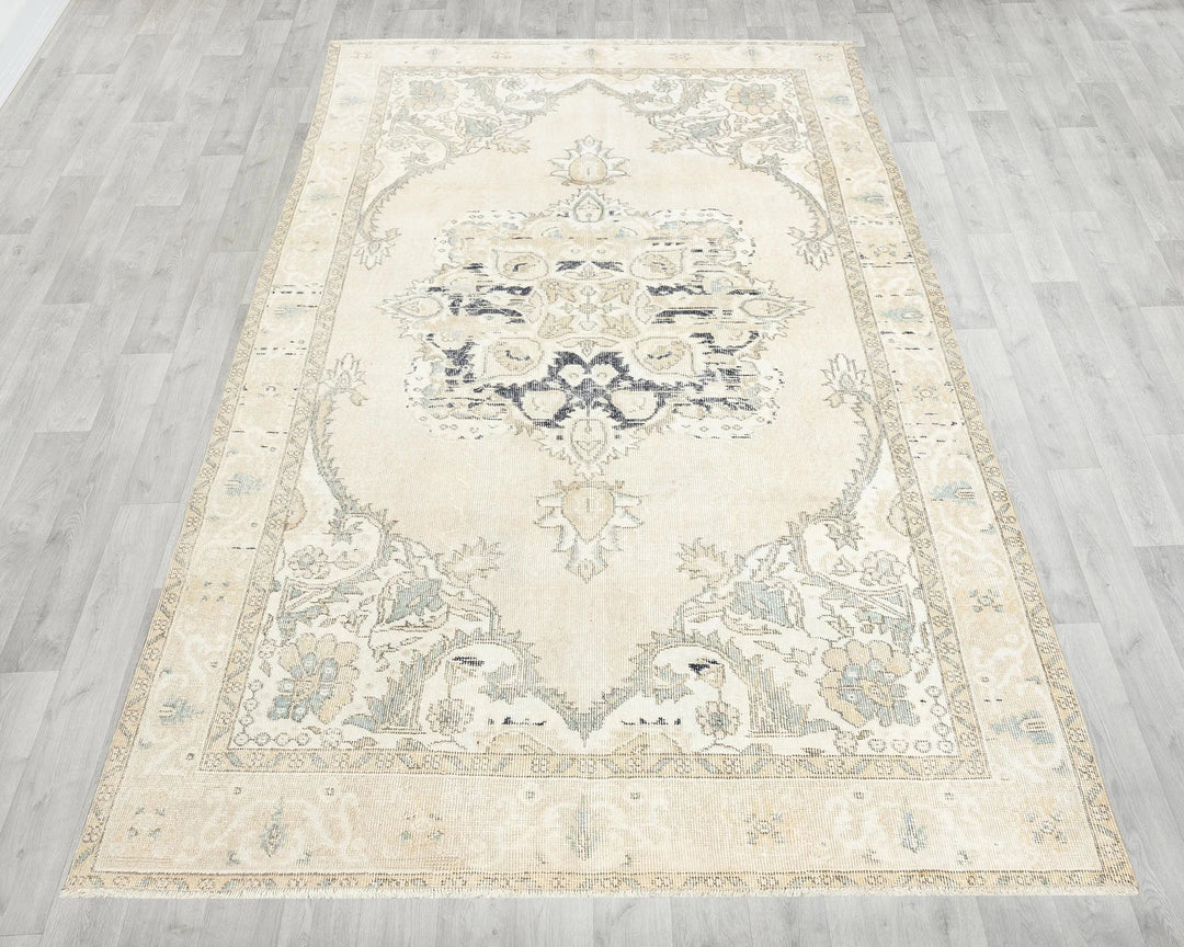 Beige Turkish Oushak Rug 6'1" x 9'10" Hand-Knotted reverse