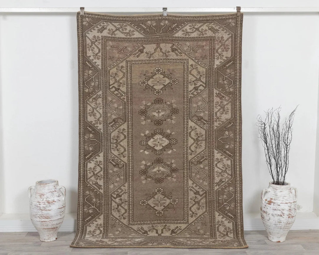 Beige Turkish Oushak Rug 5' 1" x 7' 9" Hand-Knotted | No. VR97075