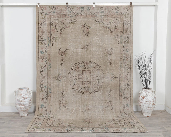 Beige Turkish Oushak Rug 6'2" x 9'2" Hand-Knotted | No. VR97936