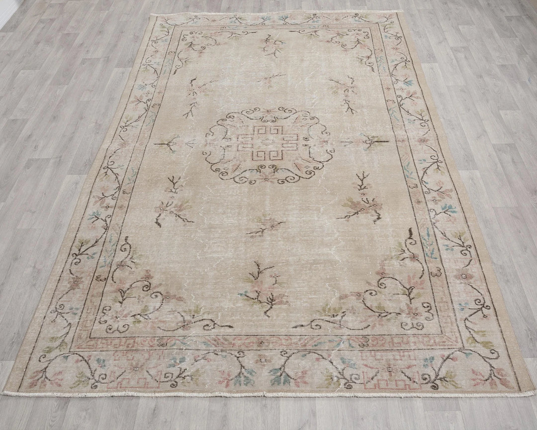 Beige Turkish Oushak Rug 6'2" x 9'2" Hand-Knotted | No. VR97936