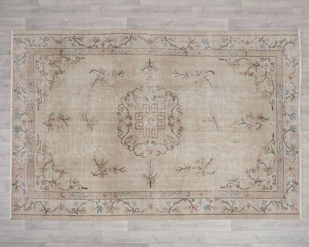 Beige Turkish Oushak Rug 6'2" x 9'2" Hand-Knotted | No. VR97936