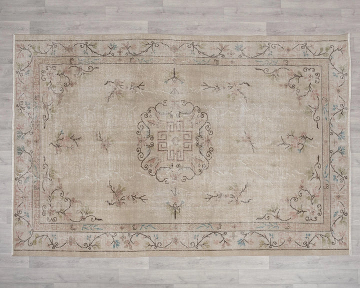 Beige Turkish Oushak Rug 6'2" x 9'2" Hand-Knotted | No. VR97936