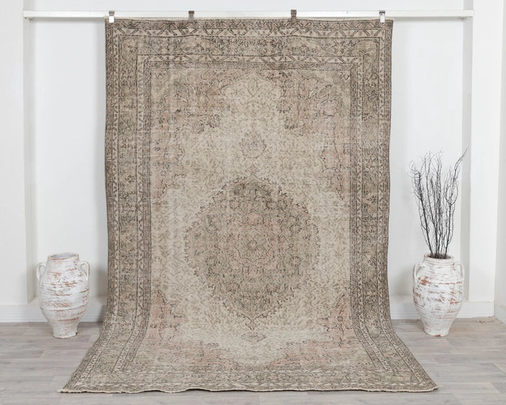 Beige Turkish Oushak Rug 6'6" x 9'7" Hand-Knotted | No. VR98887