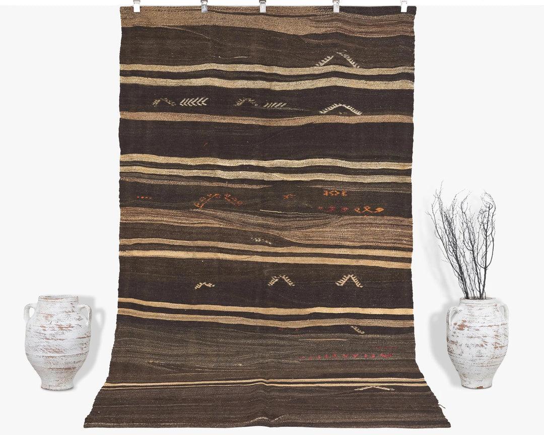 Brown Turkish Kilim Rug 9' 2" x 5' 5" Flat-Weave | No. VR99259