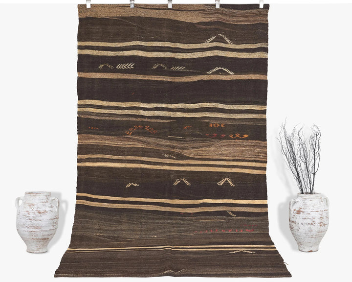 Brown Turkish Kilim Rug 9' 2" x 5' 5" Flat-Weave | No. VR99259