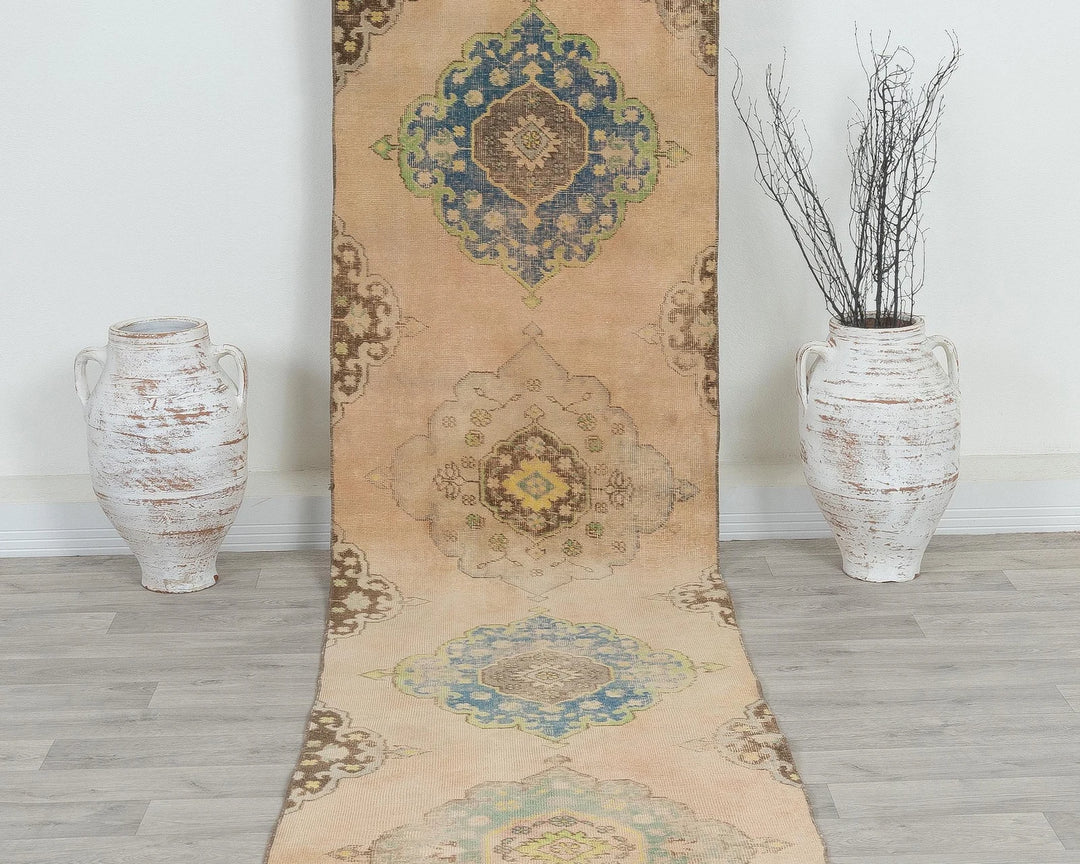 Blue Turkish Oushak Rug 2'6" x 12'8" Hand-Knotted detail