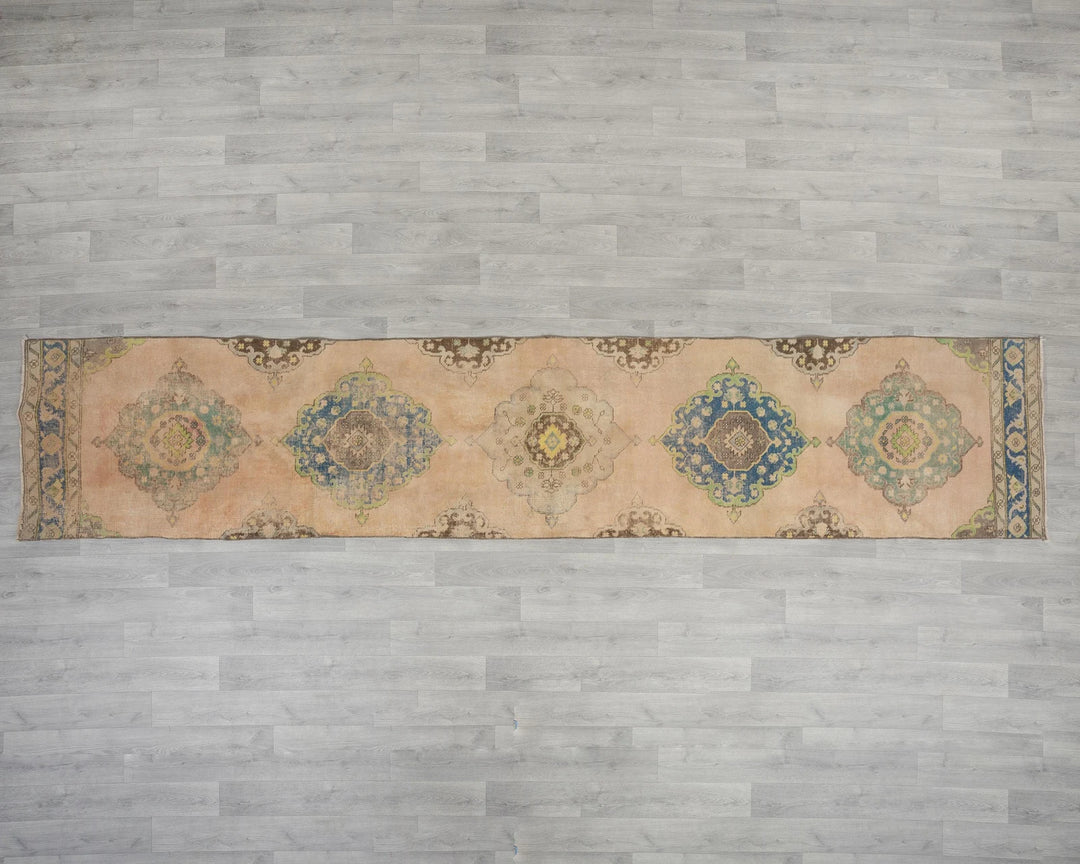 Blue Turkish Oushak Rug 2'6" x 12'8" Hand-Knotted reverse