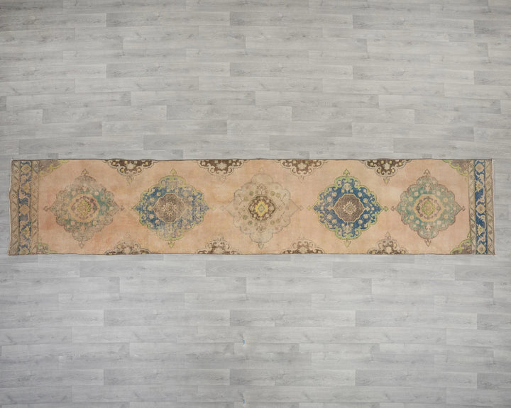 Blue Turkish Oushak Rug 2'6" x 12'8" Hand-Knotted reverse