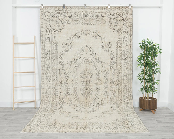 Beige Turkish Oushak Rug 6' 4" x 10' 2" Hand-Knotted