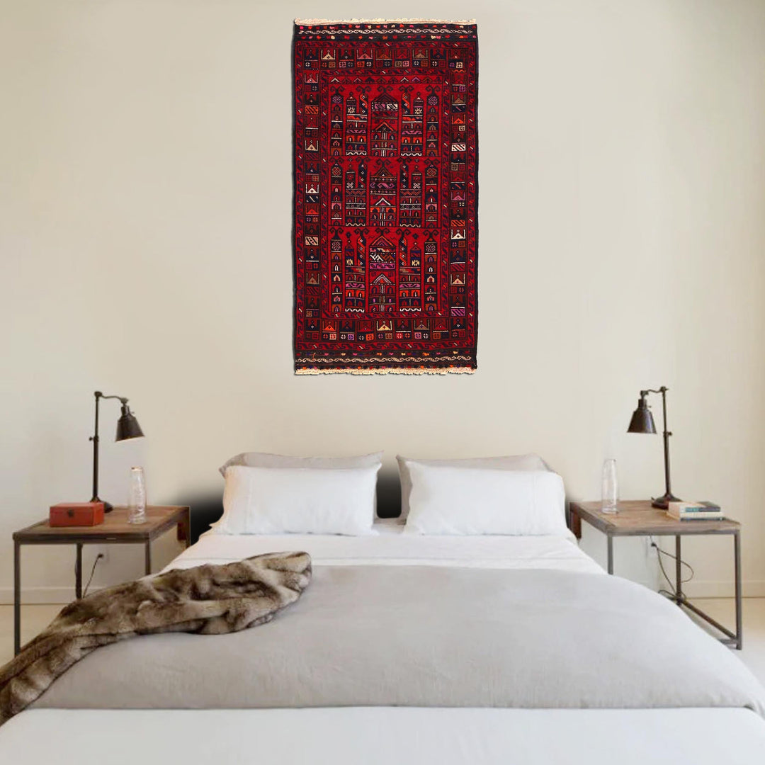 Red Afghan Prayer Rug 2' 6" x 4' 8" Hand-Knotted texture